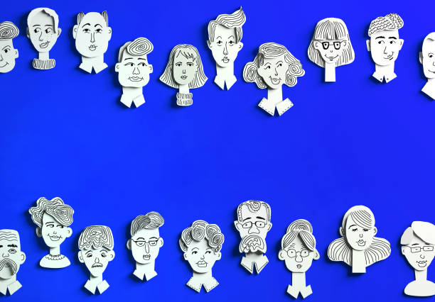 istock Paper cut effect background, human's heads  with hand drawn faces, emotions. 3D render illustration 1313125254