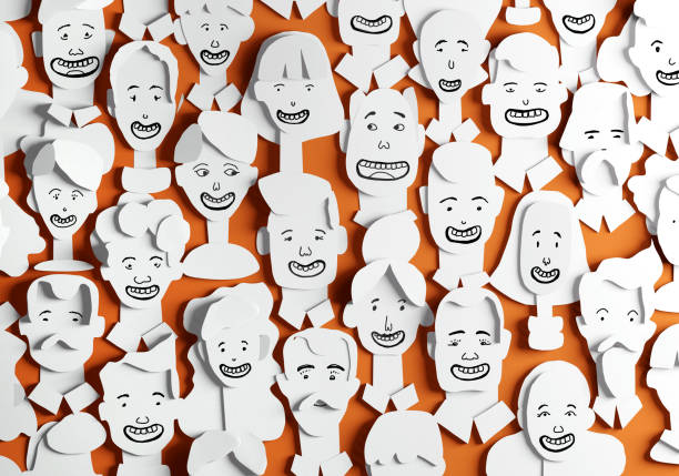 istock Paper cut effect background, human's heads  with hand drawn faces, emotions. 3D render illustration 1313125271