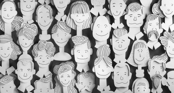 Paper cut effect background, human's heads  with hand drawn faces, emotions. 3D render illustration