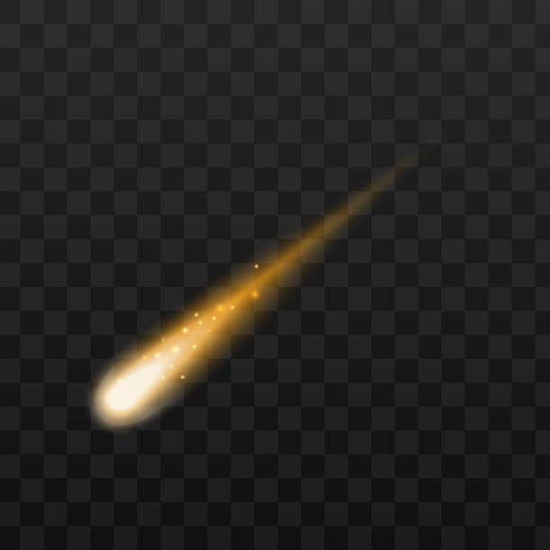 Gold sparkling comet or falling star - realistic golden space object Gold sparkling comet or falling star - realistic golden space object isolated on dark transparent background. Vector illustration of glowing light trail in motion comet stock illustrations