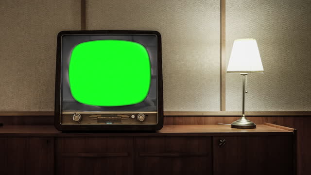 Retro television in old motel room with chroma key screen
