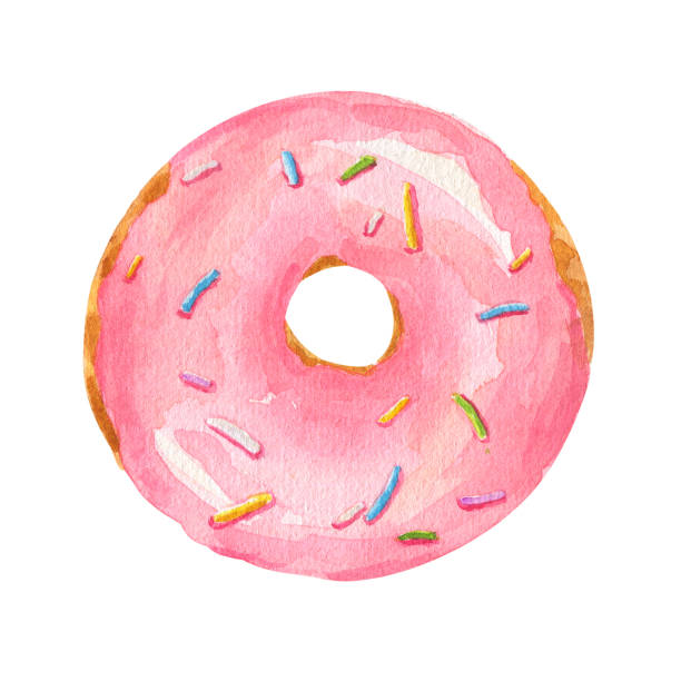 istock Watercolor pink donut with colorful sprinkles isolated on white background. 1313126606
