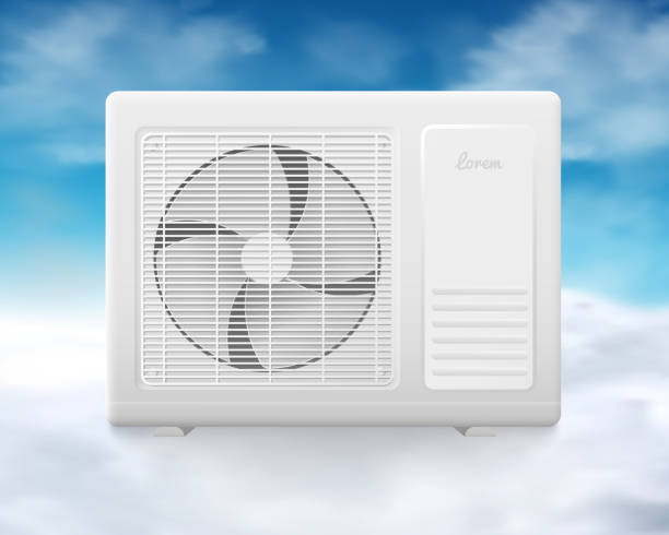 ilustrações de stock, clip art, desenhos animados e ícones de outdoor air conditioner with indoor temperature climate control technology. - air air conditioner electric fan condition