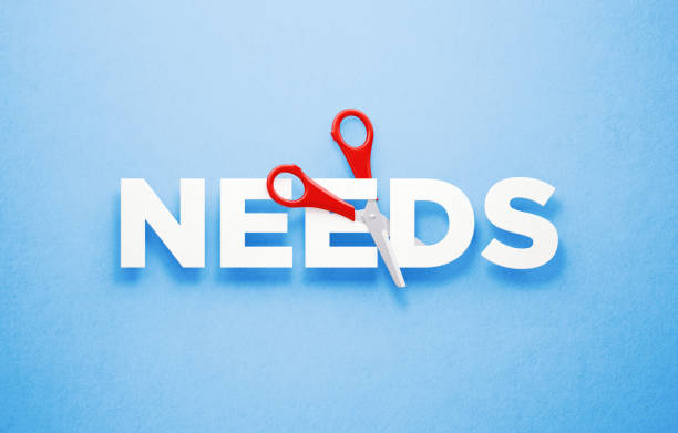 istock Cutting Needs Concept - Scissors Cutting The Word Needs Over Blue Background 1313127627