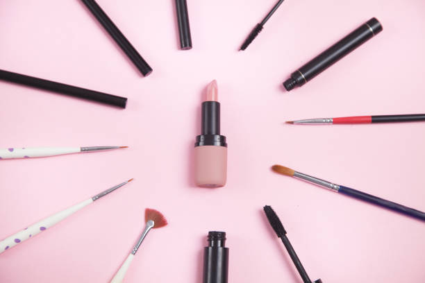 istock Beautiful cosmetic accessories on a pink background. 1313128772