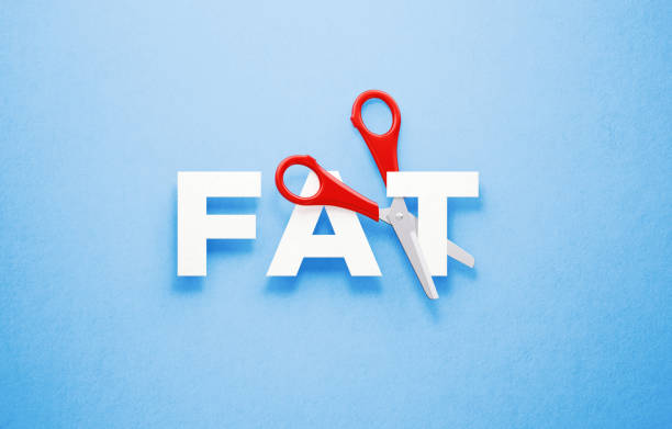 istock Cutting Fat Diet Concept - Scissors Cutting The Word Fat Over Blue Background 1313128792