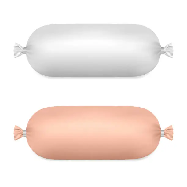 Vector illustration of Vector realistic Sausage package set. Mockup. White and pink packaging isolated on white background. blank food template. Ready for design. EPS10.