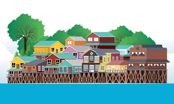 Vector illustration of Palafitos in Chiloe, Chile.