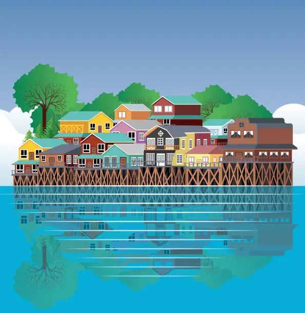 Vector illustration of Palafitos in Chiloe, Chile.