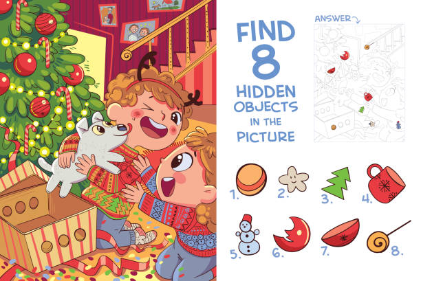 Children presented puppy for Christmas. Find 8 hidden objects in the picture Children presented puppy for Christmas. Find 8 hidden objects in the picture. Puzzle Hidden Items. Funny cartoon character christmas chaos stock illustrations