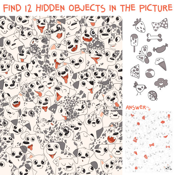 ilustrações de stock, clip art, desenhos animados e ícones de pattern of dalmatian puppies. find 12 hidden objects - hiding