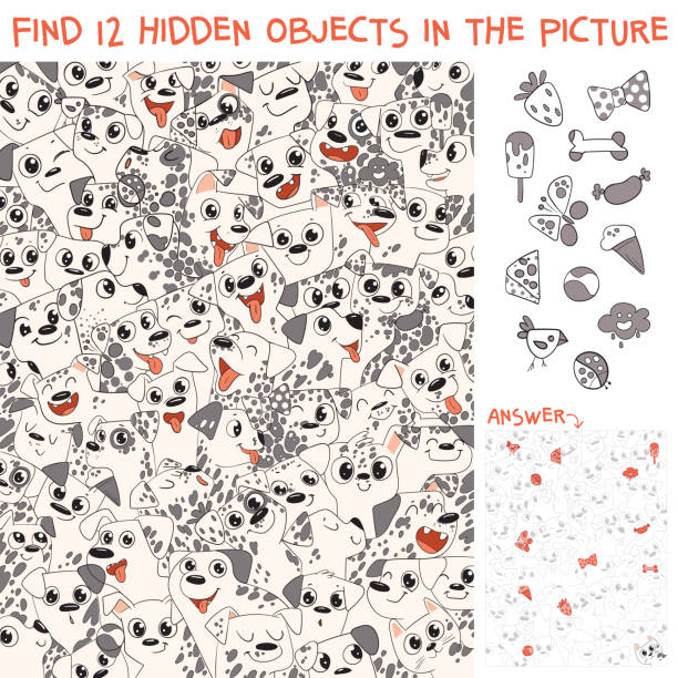 Pattern of Dalmatian puppies. Find 12 hidden objects vector art illustration