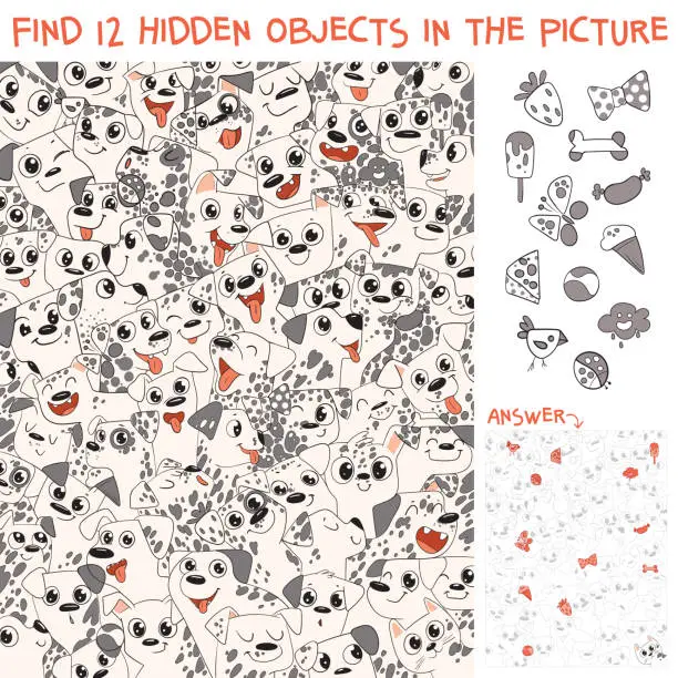 Vector illustration of Pattern of Dalmatian puppies. Find 12 hidden objects