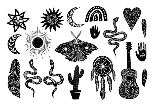 神秘的なボホ天体ロゴセット。リノカットグラフィックスタイルのボヘミアンシンボル。コレクションシルエット太陽、月、ドリームケーター、蛾、ヘビ、羽。白い背景に分離されたベクタ� - snake print点のイラスト素材／クリップアート素材／マンガ素材／アイコン素材