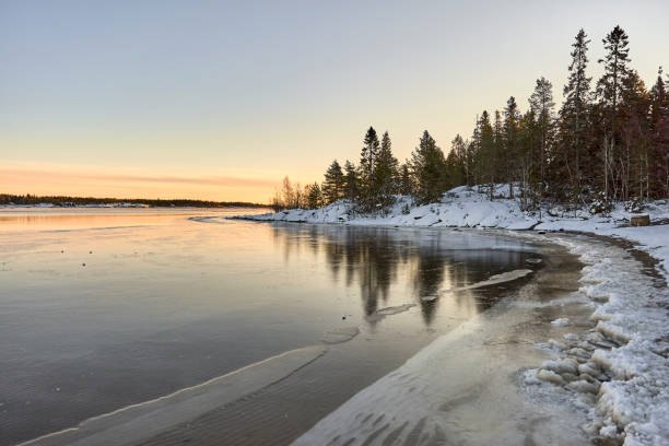 istock Frozen lake with trees at sunset 1313131425