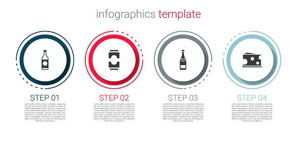 Set Beer bottle, can, Champagne and Cheese. Business infographic template. Vector.