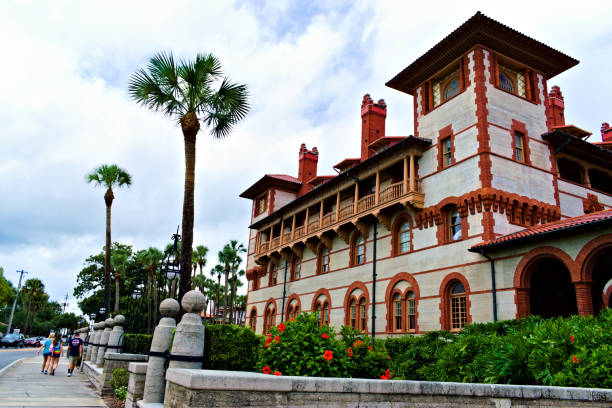 Cityscape. People walk outside the Flagler College. Created in St. Augustine, FL, August 22, 2020