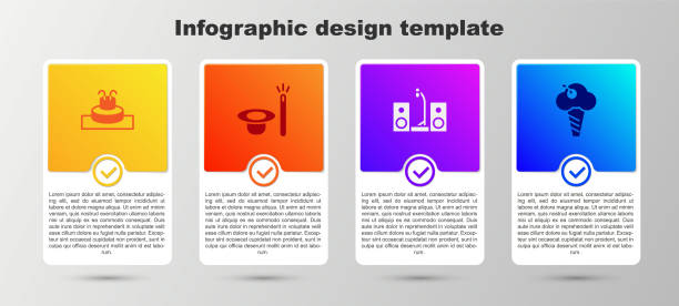 illustrations, cliparts, dessins animés et icônes de réglez fontaine, chapeau magique et baguette magique, stéréo maison avec deux haut-parleurs et cône de gaufre de crème glacée. modèle infographique d’affaires. vecteur - magic fountain audio