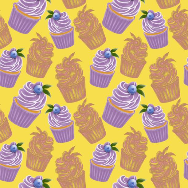 istock A pattern of purple cupcakes and line drawings shiny line on a yellow background seamless 1313140704