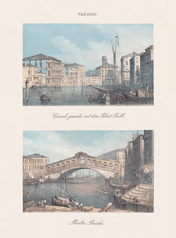 Historical views of Venice, Italy, top: Canale Grande with Palazzo Balbi (center). Below: Rialto Bridge. UNESCO World Heritage site. Chromolithograph, published in 1868.