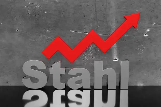 The word steel in German with a rising arrow for the steel price. 3d rendering