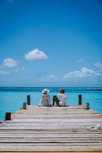 istock Palm beach Aruba Caribbean, white long sandy beach with palm trees at Aruba 1313144697