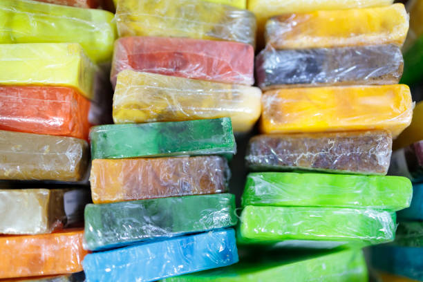 istock multicolored soap wrapped in cellophane lies together 1313145306
