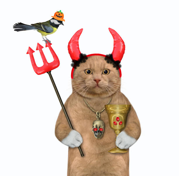 istock Cat reddish in red horns holds goblet 1313145792