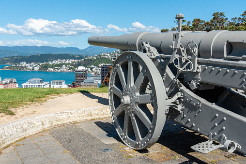 Old cannon with view to Wellington, Botanic garden hill, New Zealand