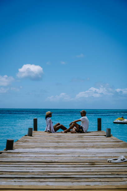 istock Palm beach Aruba Caribbean, white long sandy beach with palm trees at Aruba 1313146687