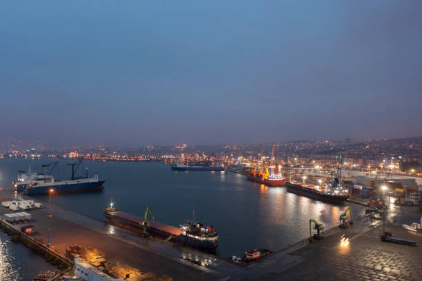 istock Aerial view of Cargo Container Terminal at night. 1313147019