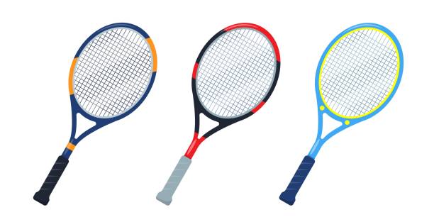 illustrazioni stock, clip art, cartoni animati e icone di tendenza di set di icone racchette da tennis. attrezzature sportive. - racquet strings