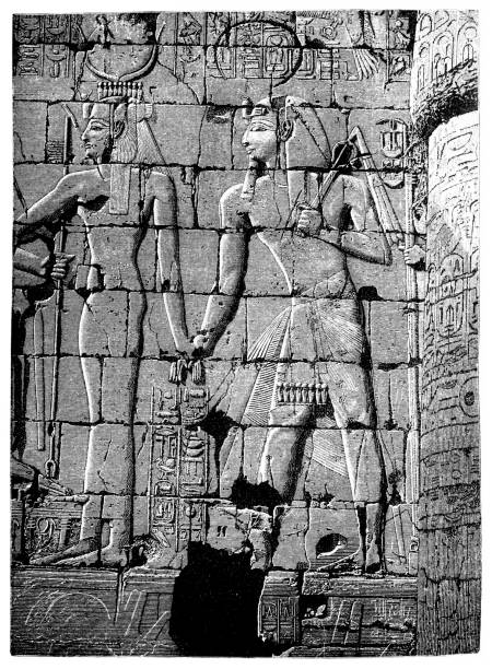 illustrazioni stock, clip art, cartoni animati e icone di tendenza di un rilievo raffigurante la dea iside e il faraone seti i nella grande sala iposte nel tempio di amon a karnak, luxor, alto egitto - temple of luxor hypostyle hall