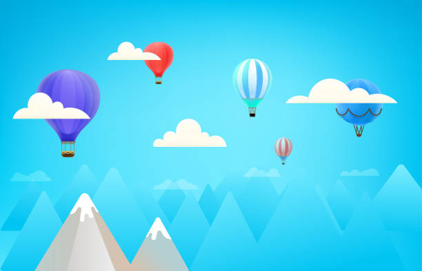 цветные воздушные шары в небе над горами. мультфильм стиль 3d вектор иллюстрации - spy balloon stock illustrations