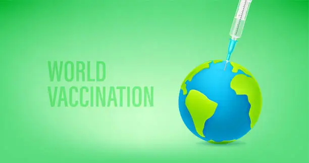 Vector illustration of World vaccniation concept. Banner with syringe and globe. Vaccine injection