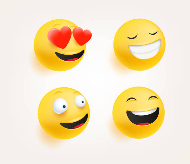 Emoticons in cute 3d style vector set isolated on white. Love, laugh, smiling Vector illustration smirk stock illustrations