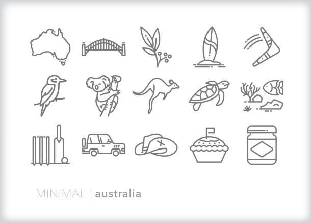 australische thema icon-set - koala stock-grafiken, -clipart, -cartoons und -symbole