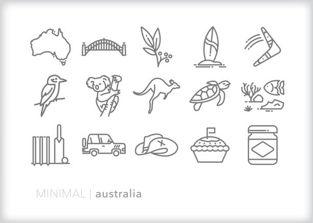 Australian themed icon set Set of Australian line icons of places and things associated with the country down under australian culture stock illustrations