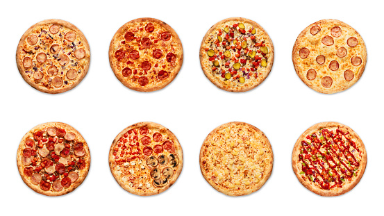 different pizza on white background. High quality photo