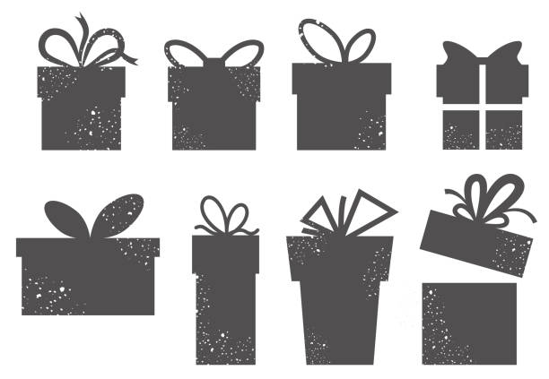 A set of simple gift boxes. Textured icons. Silhouettes of the boxes. Vector A set of simple gift boxes. Textured icons. Silhouettes of the boxes. Vector illustration. gift silhouettes stock illustrations