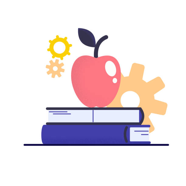 책 더미에 사과. 교육 개념. 학습과 지식의 상징입니다. 벡터 그림입니다. - apple stack white backgrounds stock illustrations