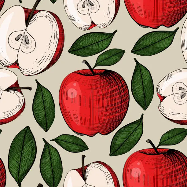 Vector illustration of Seamless pattern with apple in engraving vintage style.  Can be used for label, banner, fabric, tablecloth, gift wrap or other