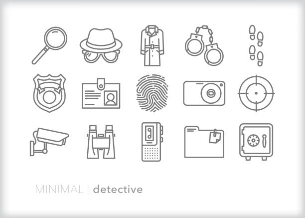 Detective and spy icon set Set of detective, spy and police line icons for solving a crime, tracking someone, looking for clues and catching criminals detective investigation stock illustrations