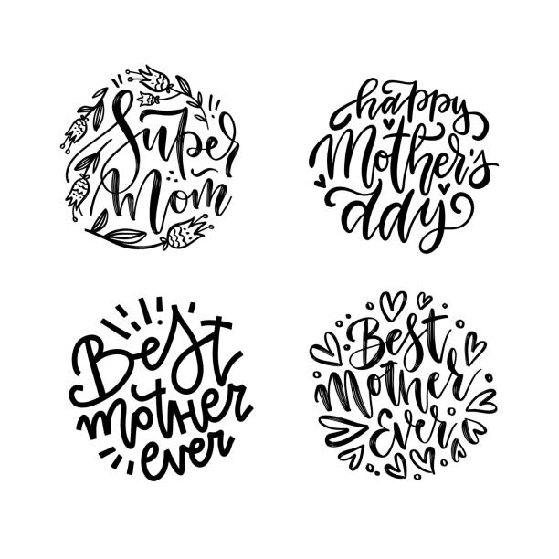 Set of lettering mother quotes in round shapes. Super mom, best mother ever, Mother s day lettering circle concepts. Vector black and white illustration Set of lettering mother quotes in round shapes. Super mom, best mother ever, Mother s day lettering circle concepts. Vector black and white illustration. perfect gift stock illustrations