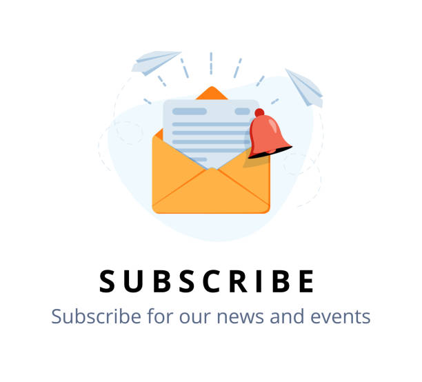 Vector banner of email marketing. Subscription to newsletter, news, offers, promotions. A letter in an envelope. Vector banner of email marketing. Subscription to newsletter, news, offers, promotions. A letter in an envelope. Buttons template. Subscribe, submit. Send by mail. Follow me. Blue. Eps 10 newsletter stock illustrations