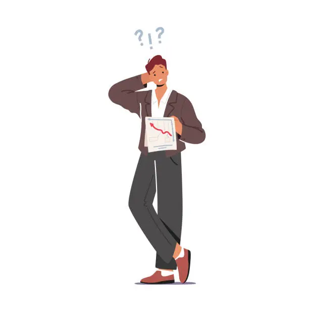 Vector illustration of Confused Male Character Scratching Occiput Trying to Figure Out with Business Analytics Document and Statistics Data