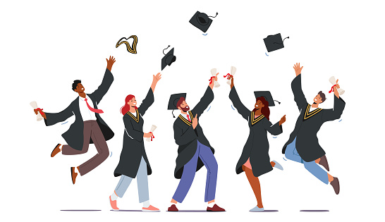 Group of Male and Female Characters in Graduation Gowns and Caps Rejoice, Jumping and Cheering Up Happy to Get Diploma Certificate and Finish University Education. Cartoon People Vector Illustration