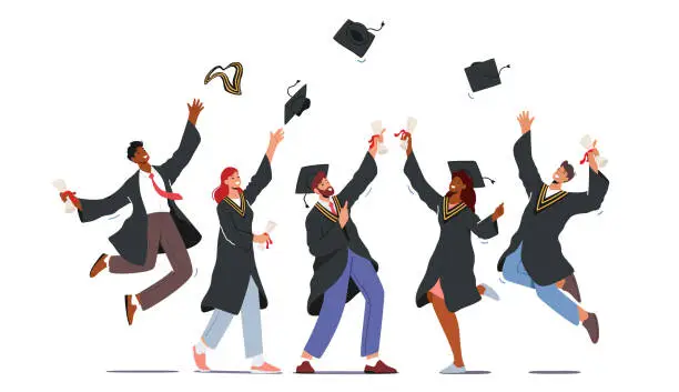 Vector illustration of Group of Male and Female Characters in Graduation Gowns and Caps Rejoice, Jumping and Cheering Up Happy to Get Diploma