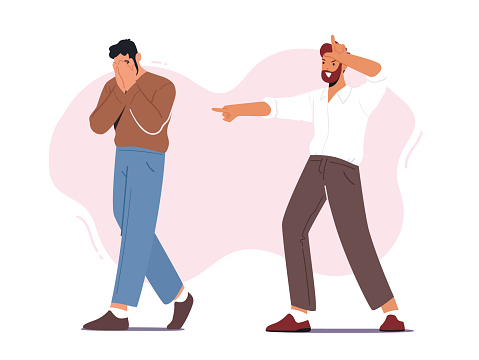 Bullying, Abuse Concept. Hater Laughing on Man Showing Loser Gesture. Male Character Crying Covering Face with Hands after Being Bullied and Called Offensive Names. Cartoon People Vector Illustration