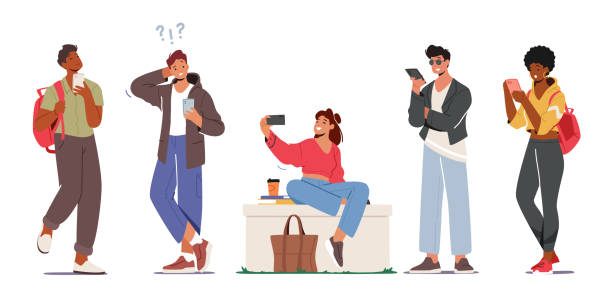 휴대 전화, 청소년 스마트 폰 통신 개념과 젊은 문자의 집합. 휴대폰을 들고 있는 청소년 남녀 - 셀카 stock illustrations